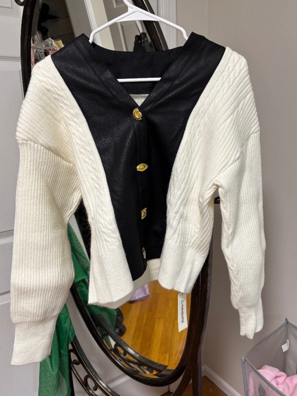 Leather patchwork button down cardigan - Picture 4 of 6